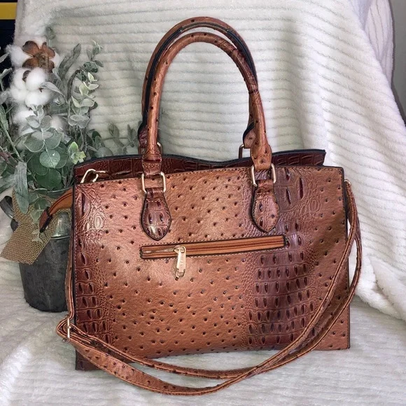Dasein Elegant Brown croc and ostrich embossed hand bag - Picture 5 of 14